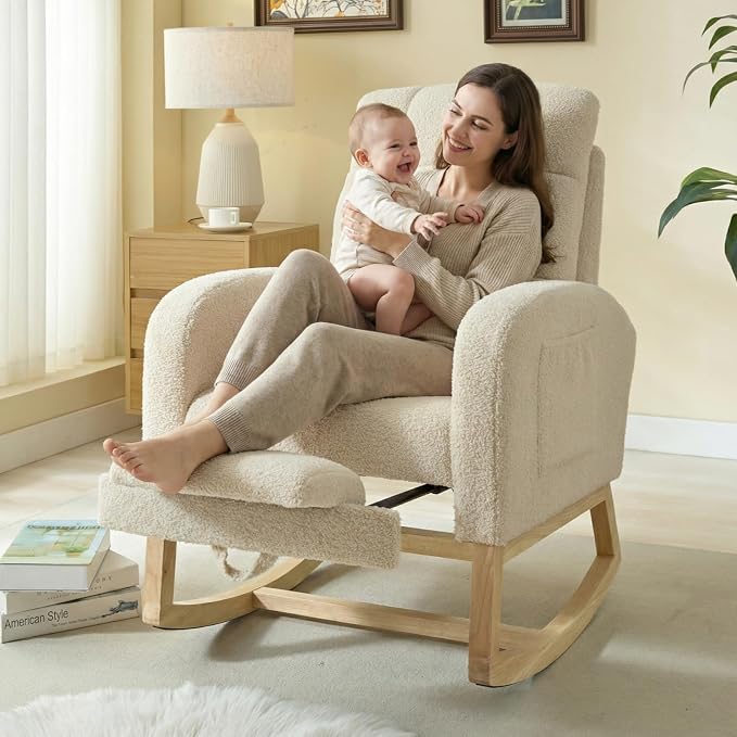 NIOIIKIT Modern Nursery Rocking Chair, Teddy Upholstered Rocking Chair - Image 3