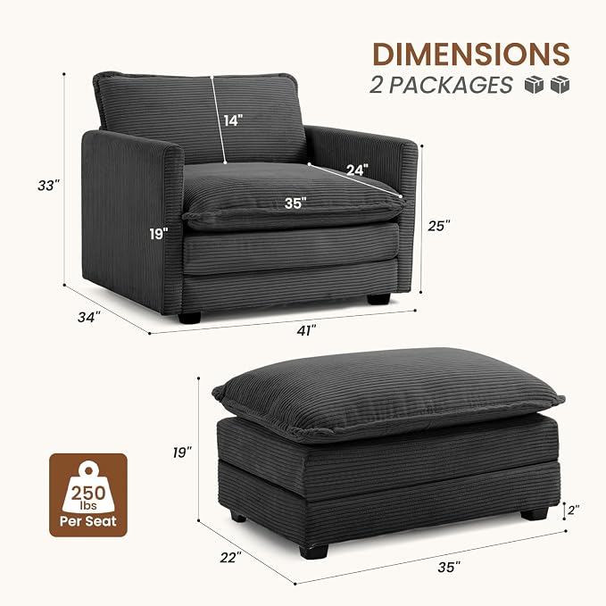 ROWHY Single Armchair with Ottoman, Modern Corduroy Cloud Couch with - Image 2