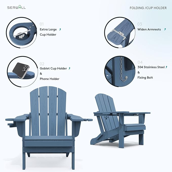 SERWALL Folding Adirondack Chair, HDPE Adirondack Chairs Set of 2, Plastic - Image 4