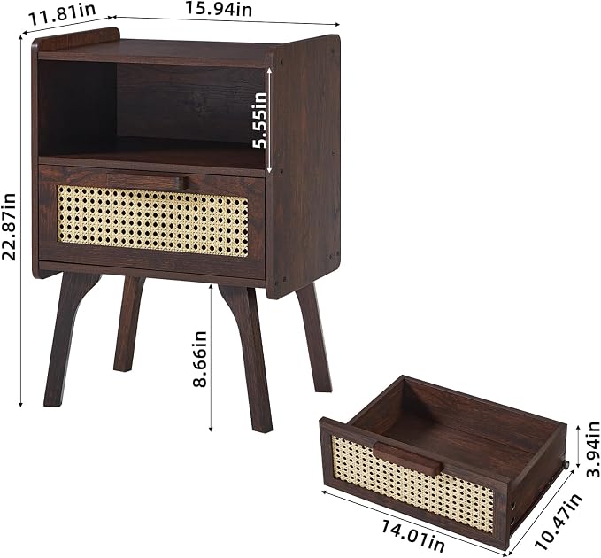 Lerliuo Rattan Nightstands Set of 2, Bedside Table - Image 3