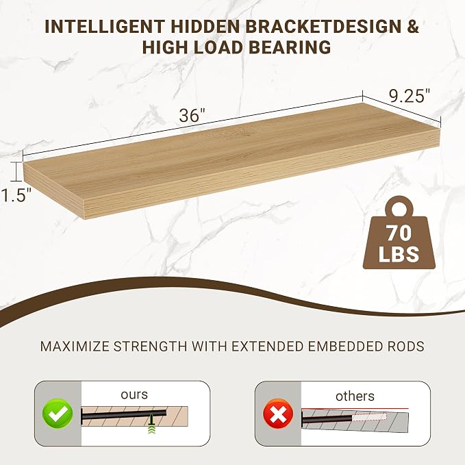 Acovy 36 Inch Floating Shelves, 3D Textured Wood Grain, Wooden Shelves - Image 3