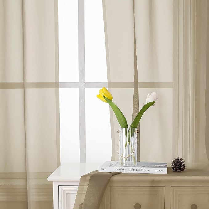 Taupe Sheer Curtains 54 Inch Length 2 Panels Set, Balance Light & Privacy Solid - Image 3