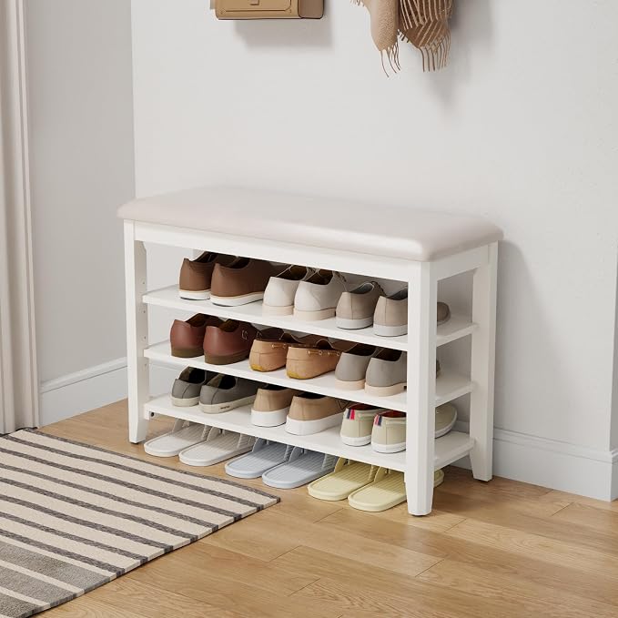 AQIMUELE Shoe Bench with Leather Cushion, 3 Tiers Shoe Storage Bench Height by AQIMUELE