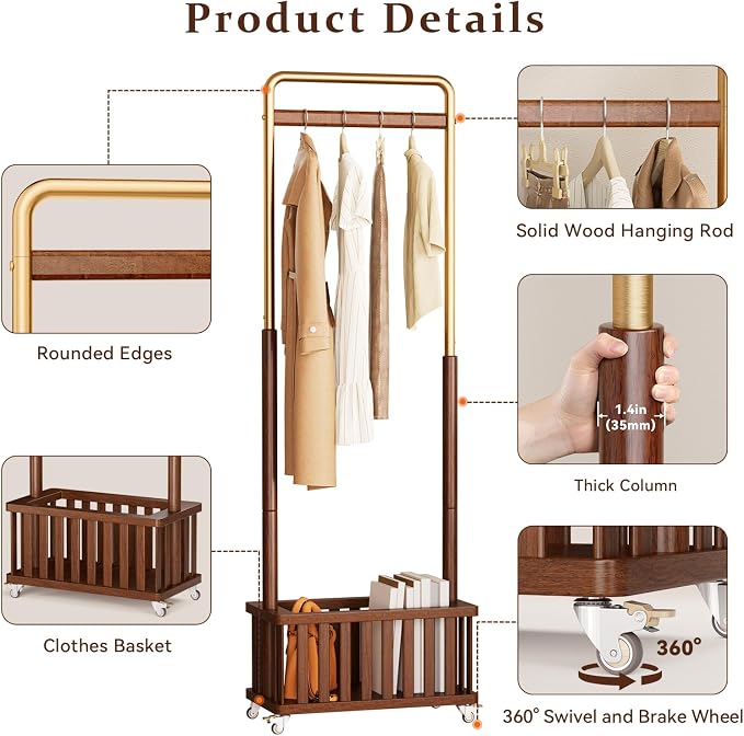 Taitiy Clothes Rack Solid Wood Coat Rack, Metal and Solid Wood Combination - Image 4