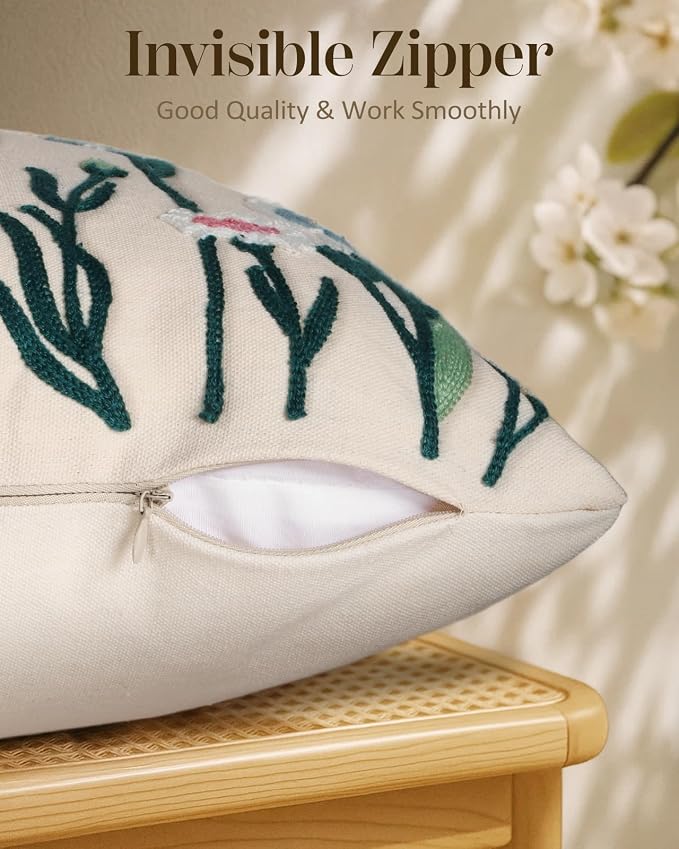 Embroidered Throw Pillow Cover 18x18 Inch, Flower Bird | Decorative Pillow Cover - Image 3