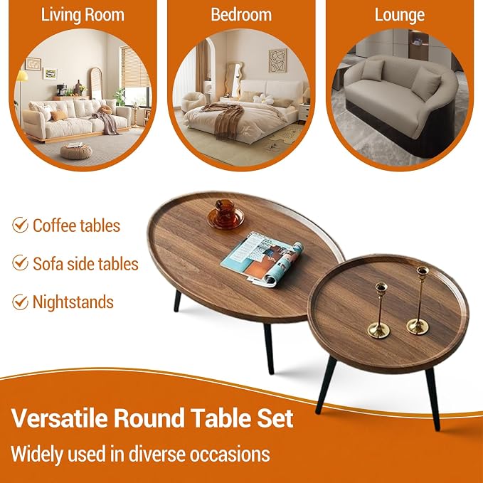 Garvee Nesting Coffee Table Set of 2, 2-Piece Walnut Coffee Tables, Mid Century - Image 5