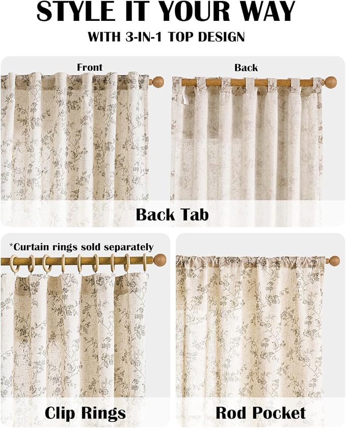 Grey Vintage Floral Linen Curtains Farmhouse 38W X 96L 2 Panels | Elisa Series - Image 4