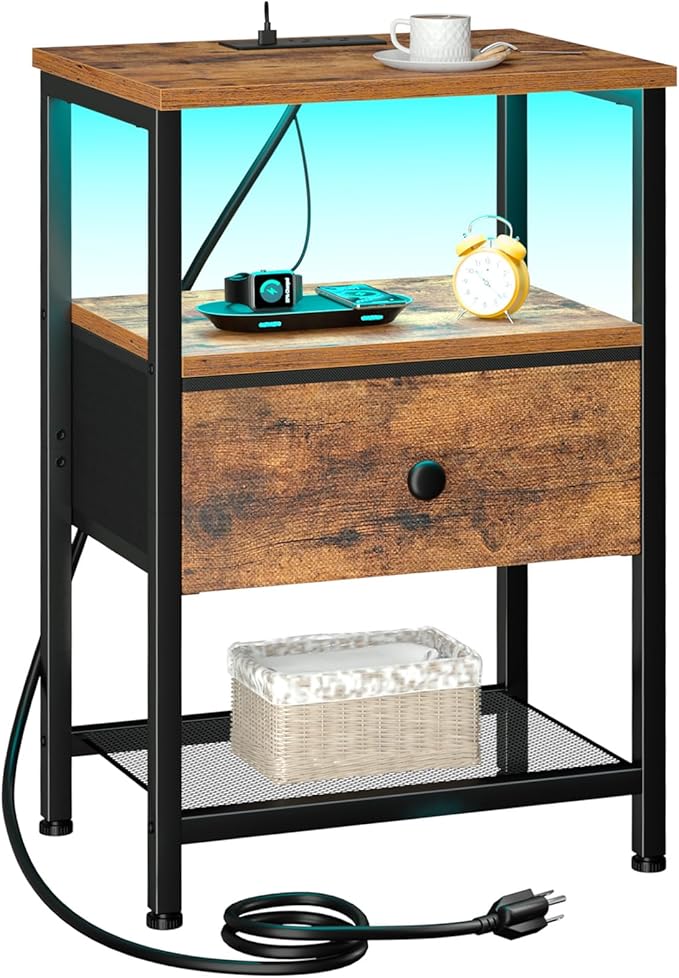LOAKEKEL Nightstand with Charging Station, End Table with Fabric Drawer by LOAKEKEL