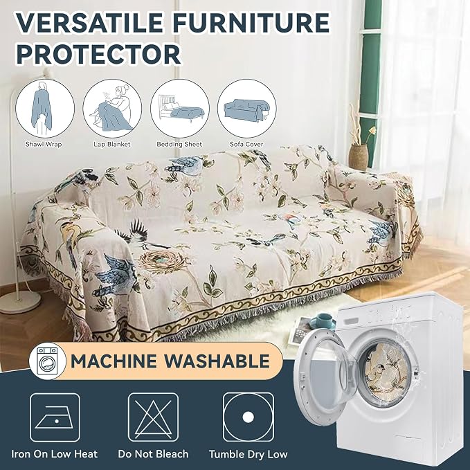 VClife Boho Beige Jacquard Couch Cover Modern Floral Bird Cotton Linen Slipcover - Image 9