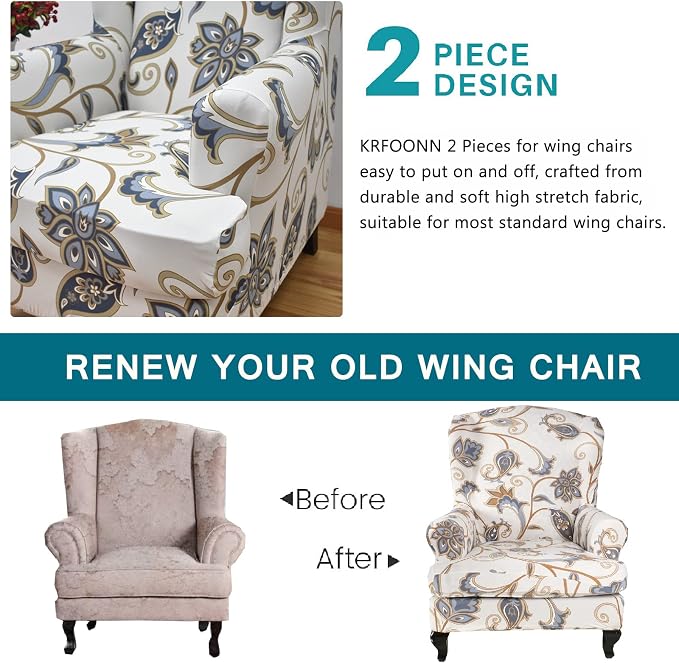 KRFOONN Wingback Chair Cover Slipcovers 2 Piece Stretch Wing Chair Covers - Image 4