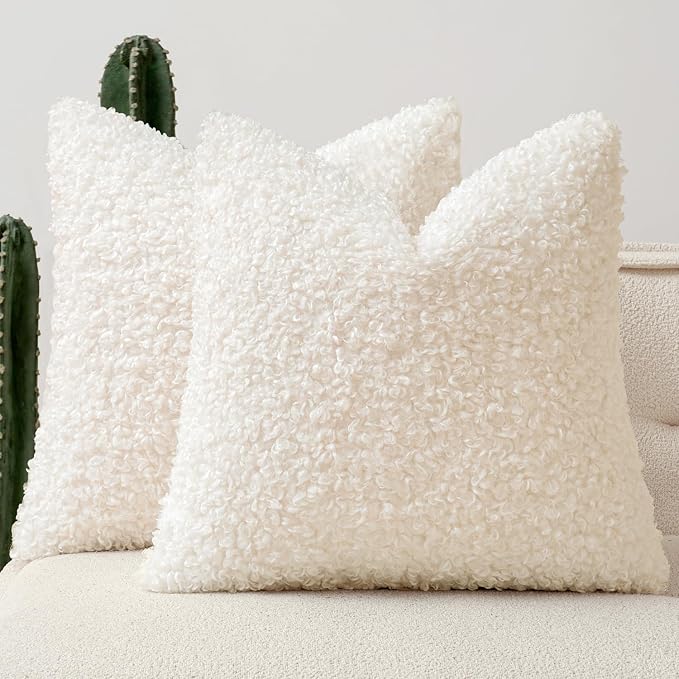Faux Fur Throw Pillow Covers 18x18 Inch Set of 2 Boucle Neutral Decorative by Woaboy