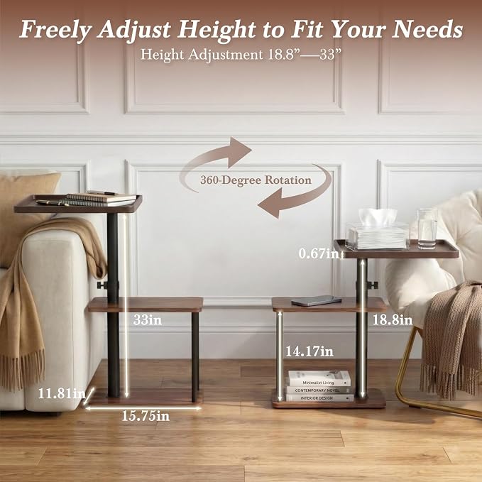 Faesun C Table End Table Adjustable Height, 360°Swivel TV Tray Table - Image 8