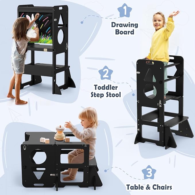 Woodure 4 in-1 Toddler Kitchen Step Stool, Foldable Learning Standing Tower - Image 3