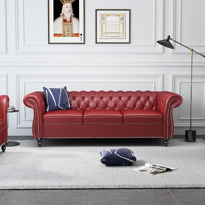 Mid-Century 3 Seater Sofa, Faux Leather Couch - Image 3