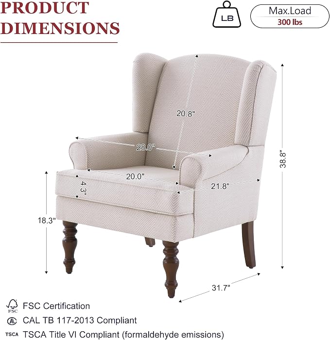 HUIMO Living Room Chair Upholstered High Back Armchair Retro Printed Wingback - Image 3