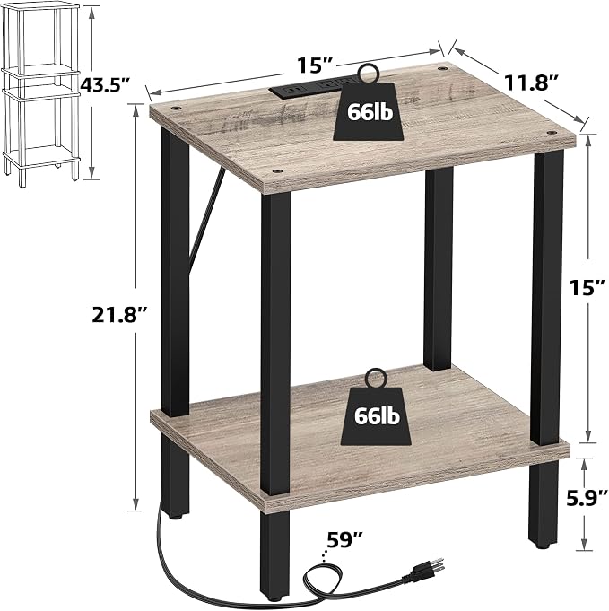 TUTOTAK End Table with Charging Station, Small Side Table, Nightstand Bedside - Image 3