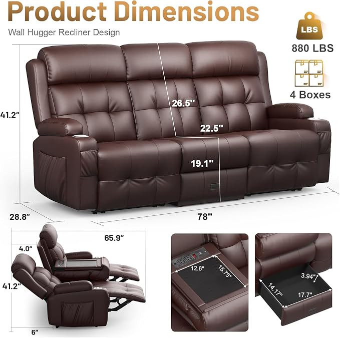 3-Seater Reclining Sofa Couch, RV Wall Hugger Loveseat - Image 2