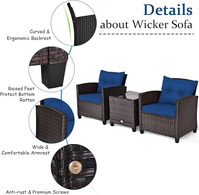 COSTWAY 3PCS Patio Furniture Set, PE Rattan Wicker Sofa w/Washable Cushion and - Image 7