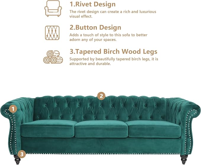 Chesterfield 3 Seater Sofa, Modern Velvet Tufted Couch 3 Seater - Image 6