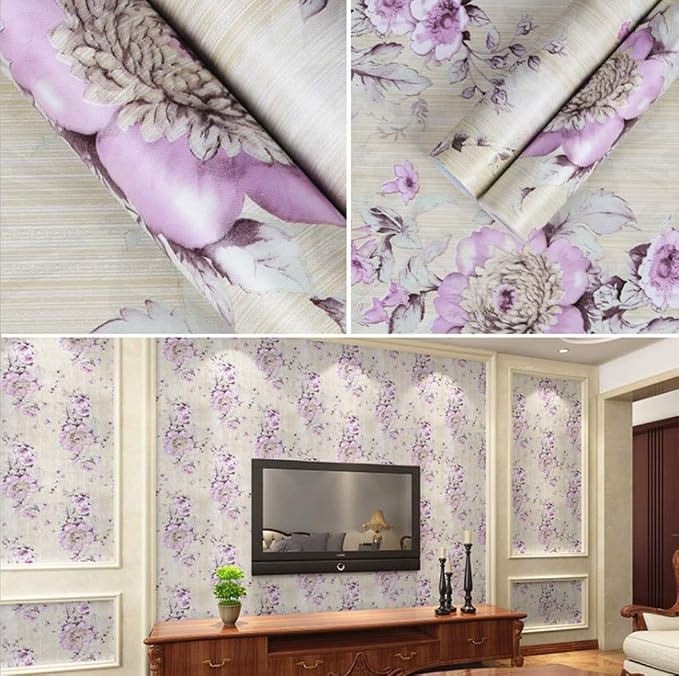Retro Style Blooming Purple Flower Wallpaper Peel Stick Shelf Liner Funitures - Image 3