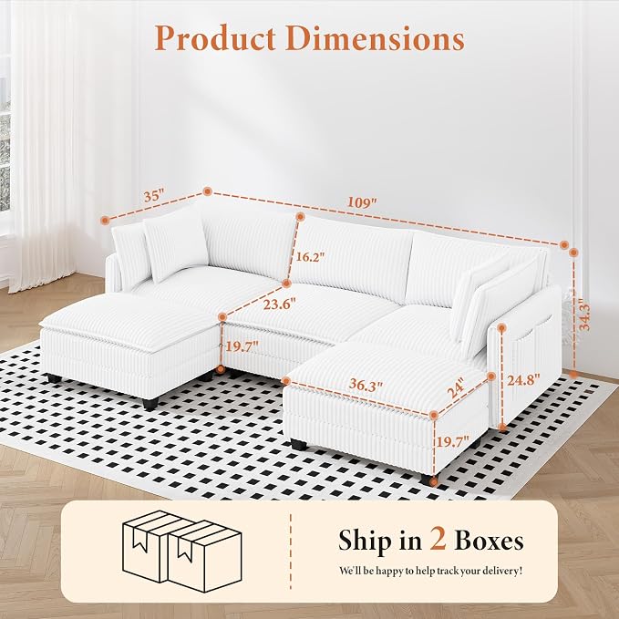 Vesgantti 109" U Shaped Cloud Sectional Sofa, Comfy Corduroy Upholstered - Image 2