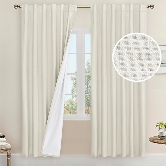 80 Inch Natural 100% Blackout Linen Curtains 2 Panels, 52 x 80 Inch | Thermal by LAMIT