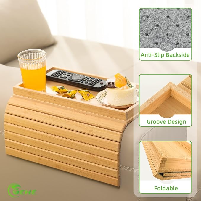 GEHE Bamboo Sofa Arm Tray, Foldable Couch Arm Tray Side Table, Anti-Falling - Image 2