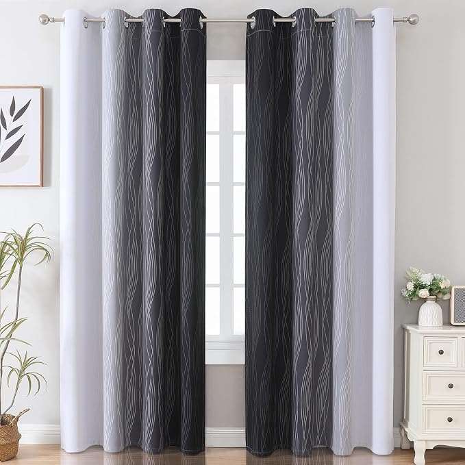 Black and Greyish White Ombre Blackout Curtains - Image 2