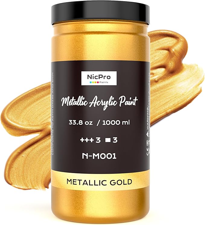 Nicpro Acrylic Paint Metallic Gold, 33.8oz/1000ml Large Gold Leaf Paint by Nicpro