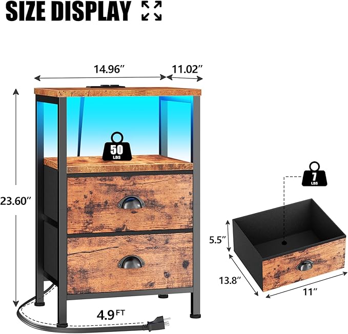 Furologee Nightstand with Charging Station, End Table with LED Lights, Bedside - Image 3