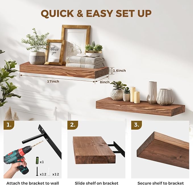 17x8x1.6 inch Floating Shelves Set of 2 – Solid Wood Rustic Brown Wall Mounted - Image 5