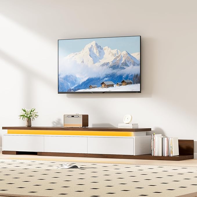 Extendable TV Stand with LED Lights, Modern TV Console with 3 Drawers, Wooden by Callales