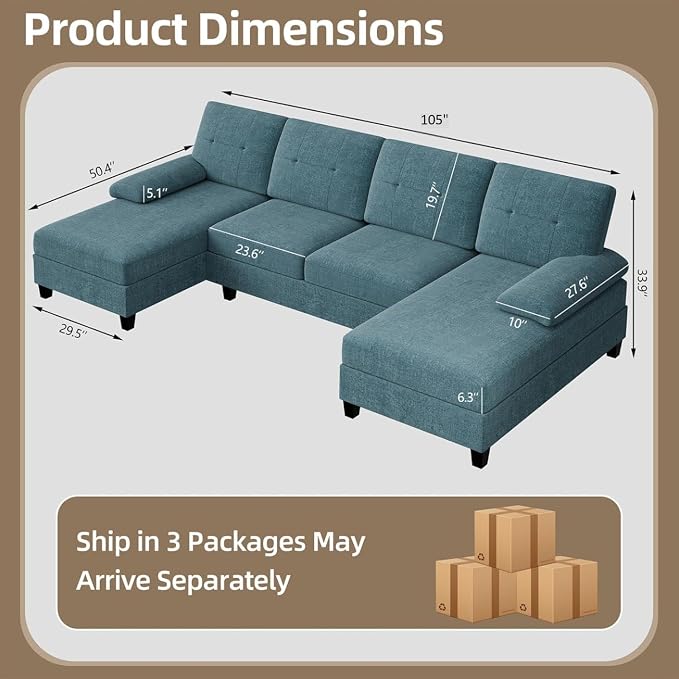 U-Shaped Sectional Couches for Living Room, 4 Seat Sofa - Image 2