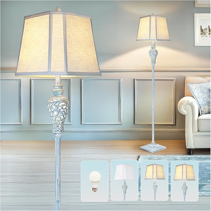Vintage Floor Lamp with Nightlight, Washed Blue Finish Farmhouse Style Design by LuxSightCollection