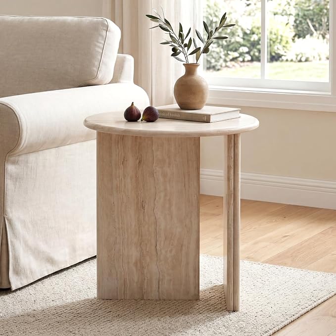 HNY Small Round Side Table Marble Veneer Wood Bedside Table 18" Modern End - Image 9