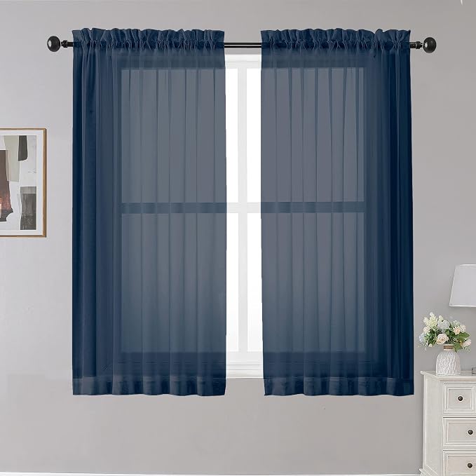 Sheer Curtains - Navy 45" Long, Light Filtering Tiers by OWENIE
