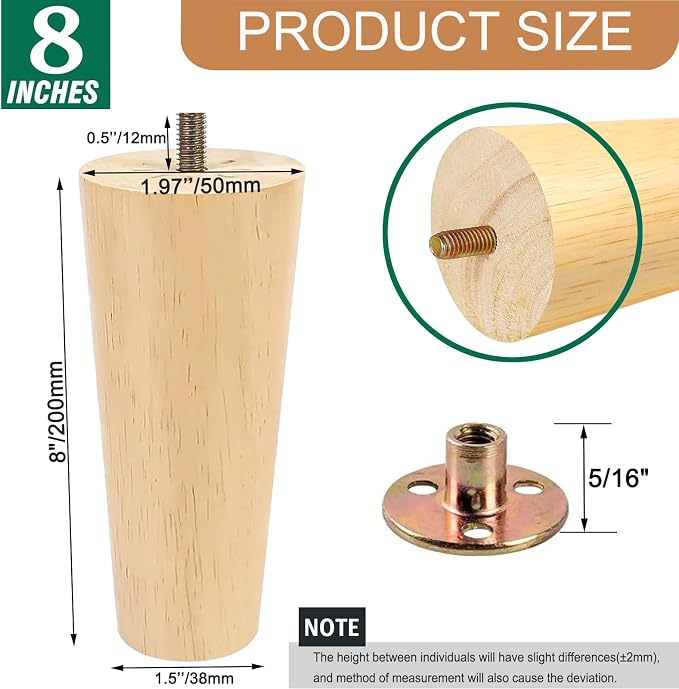 Yaliuliu 8 Inches Furniture Legs Round Solid Wood Sofa Legs Replacement Legs - Image 2