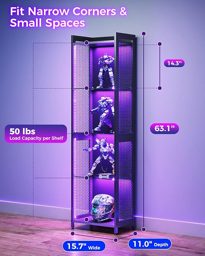 AODK Display Case with LED Lights, Display Cabinet with Open Glass Shelves - Image 2