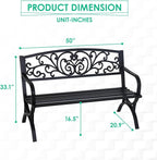 FDW Outdoor 50 Inches Garden Bench, Slatted Seat Armrests Floral Design Backres - Image 3