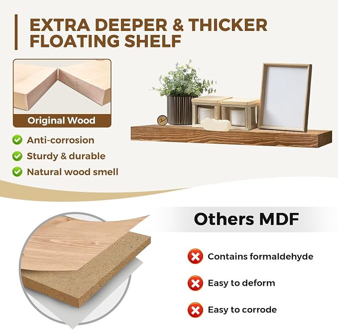 36x8x1.6 inch Floating Shelves Set of 2 – Solid Wood Rustic Oak Wall Mounted - Image 3