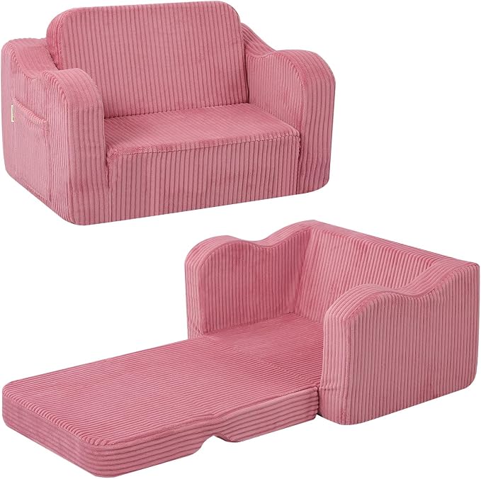 MeMoreCool Corduroy Pink Kids Chair, 2-in-1 Kids Couch Fold Out to Lounger by MeMoreCool