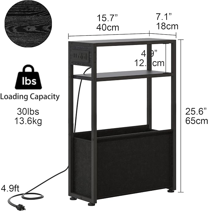 Leomonio Black Side Table with Charging Station, Slim End Tables with Fabric - Image 2