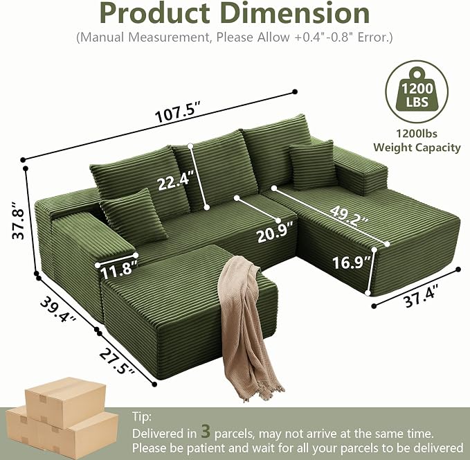 107" Comfy U-Shaped Sectional Modern Boneless Corduroy Couch - Image 2