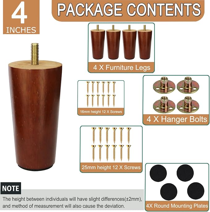 Yaliuliu 4 Inches Round Solid Wood Furniture Legs Set of 4, TV Stand, Ottoman - Image 3