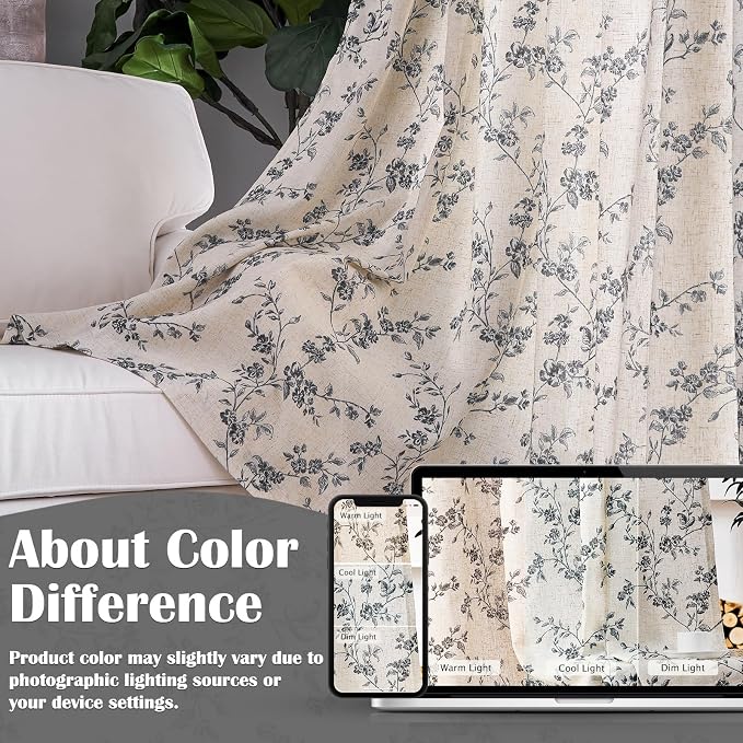 Black Vintage Floral Linen Curtains Farmhouse 38W X 90L 2 Panels | Elisa Series - Image 5