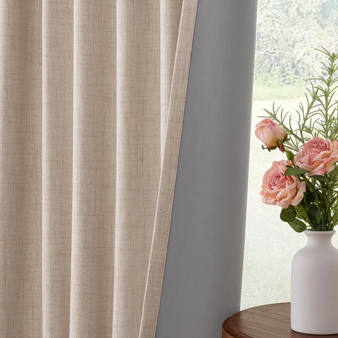 100% Blackout Curtains for Bedroom Oatmeal Linen Look Curtains 84 Inch Long | - Image 6