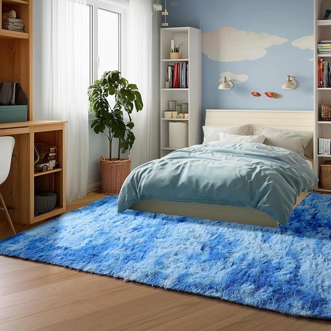 Tie-Dye Blue Rugs for Living Room Bedroom, Fluffy 5x8 Bedside Area Rug - Image 4