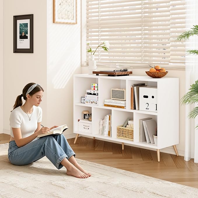 7-Cube Storage Organizer with Natural Wood Legs, Mid-Century Modern Bookcase - Image 5