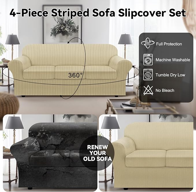 100% WaterproofCouch Cover 4-Piece Set Striped Sofa Slipcovers - Image 6