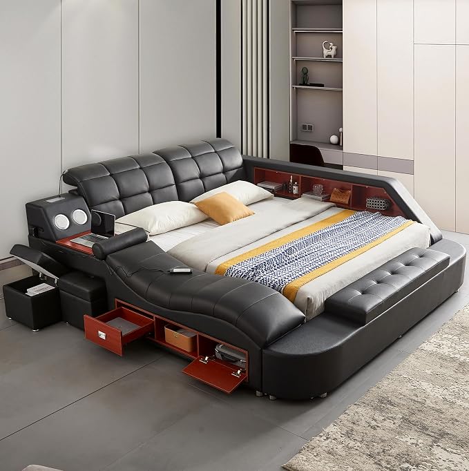 Multifunction Smart King Bed Frame, Luxury Upholstered Platform by AFARTISANFURNITURE